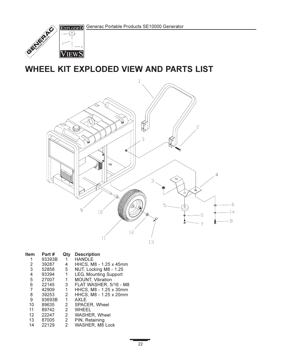 Wheel kit exploded view and parts list | Generac SE10000 User Manual | Page 22 / 24