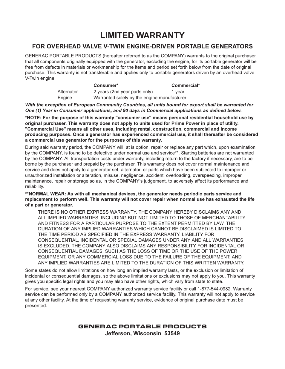 Limited warranty | Generac SE10000 User Manual | Page 24 / 24