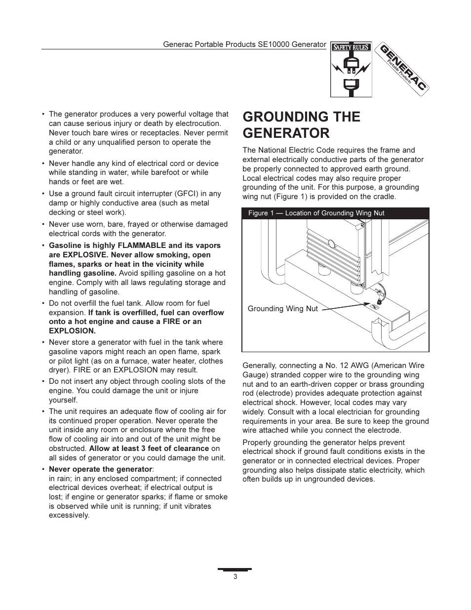 Grounding the generator | Generac SE10000 User Manual | Page 3 / 24