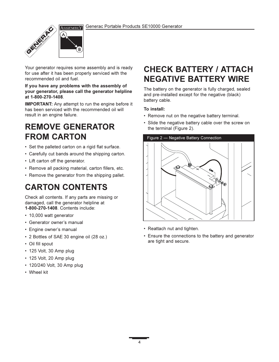 Remove generator from carton, Carton contents, Check battery / attach negative battery wire | Generac SE10000 User Manual | Page 4 / 24