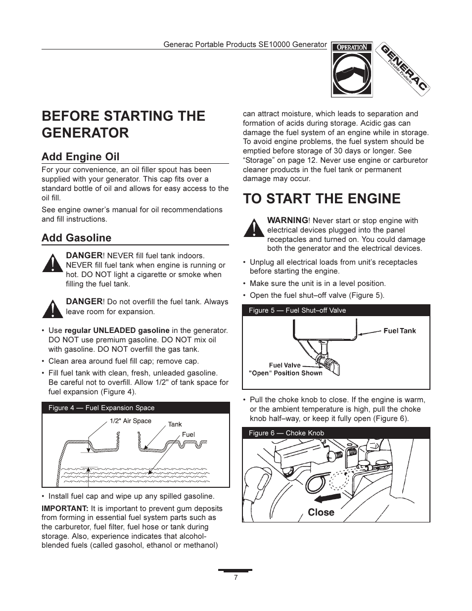 Before starting the generator, Add engine oil, Add gasoline | Generac SE10000 User Manual | Page 7 / 24