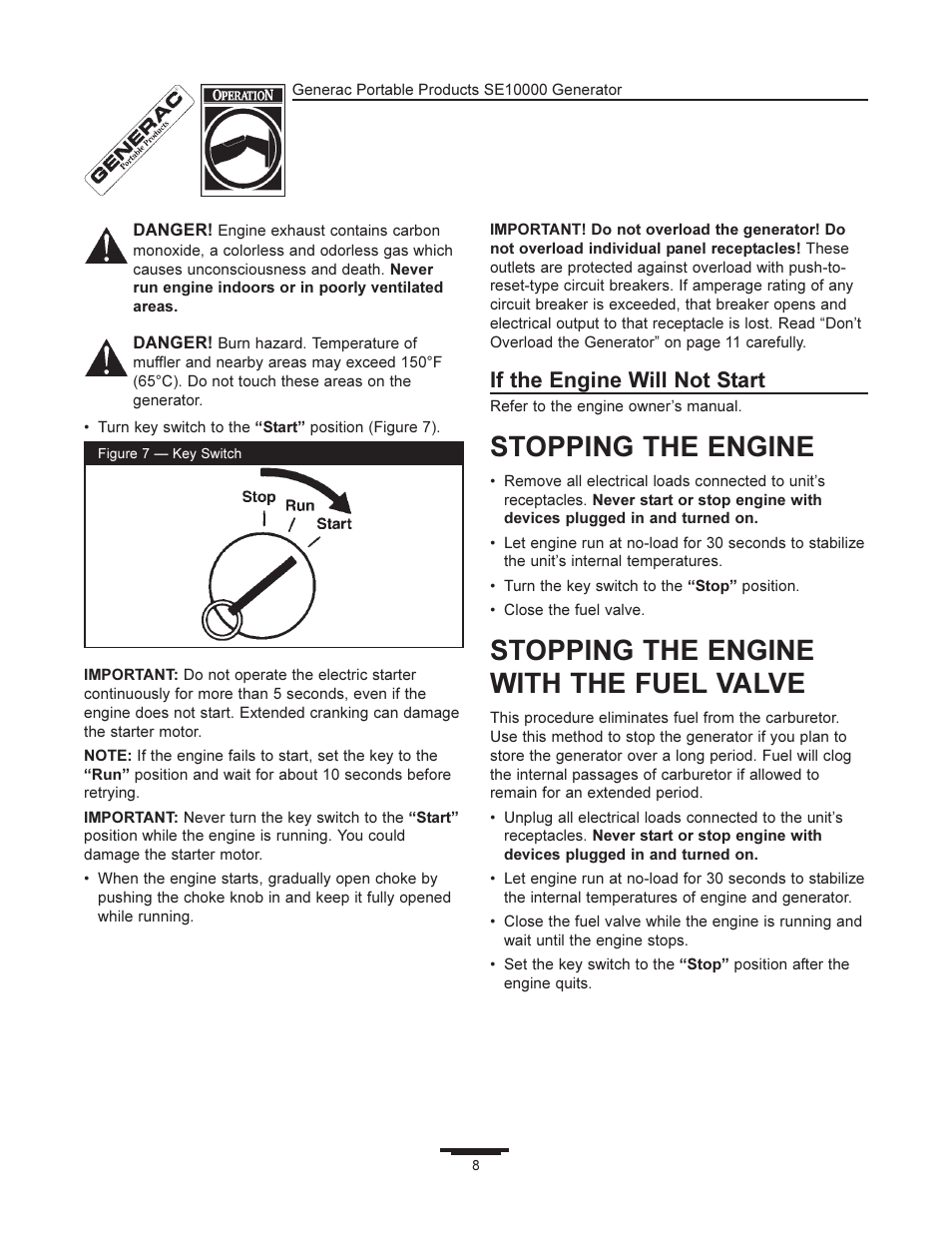 Stopping the engine, Stopping the engine with the fuel valve, If the engine will not start | Generac SE10000 User Manual | Page 8 / 24