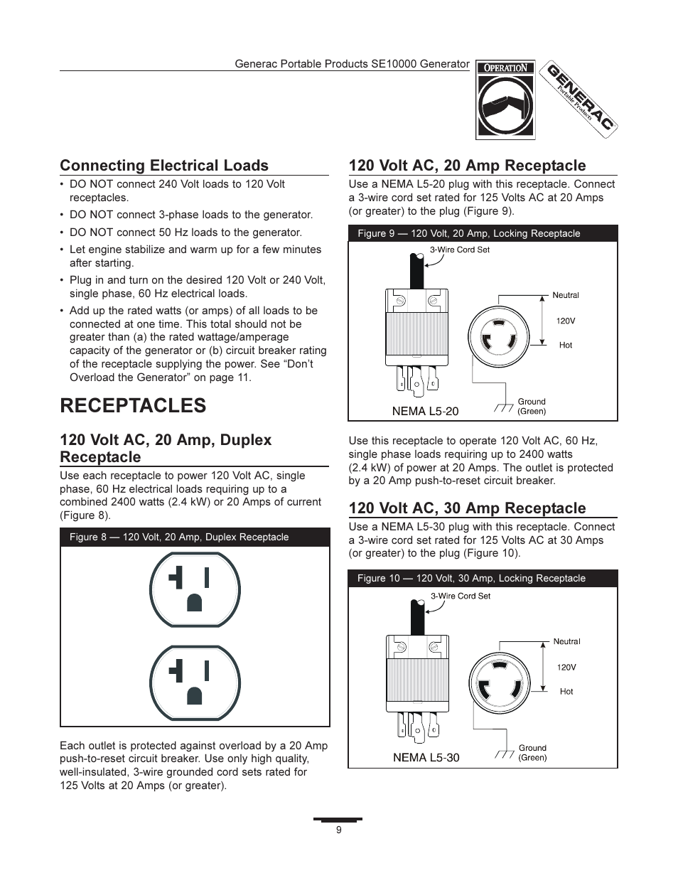 Receptacles, Connecting electrical loads | Generac SE10000 User Manual | Page 9 / 24