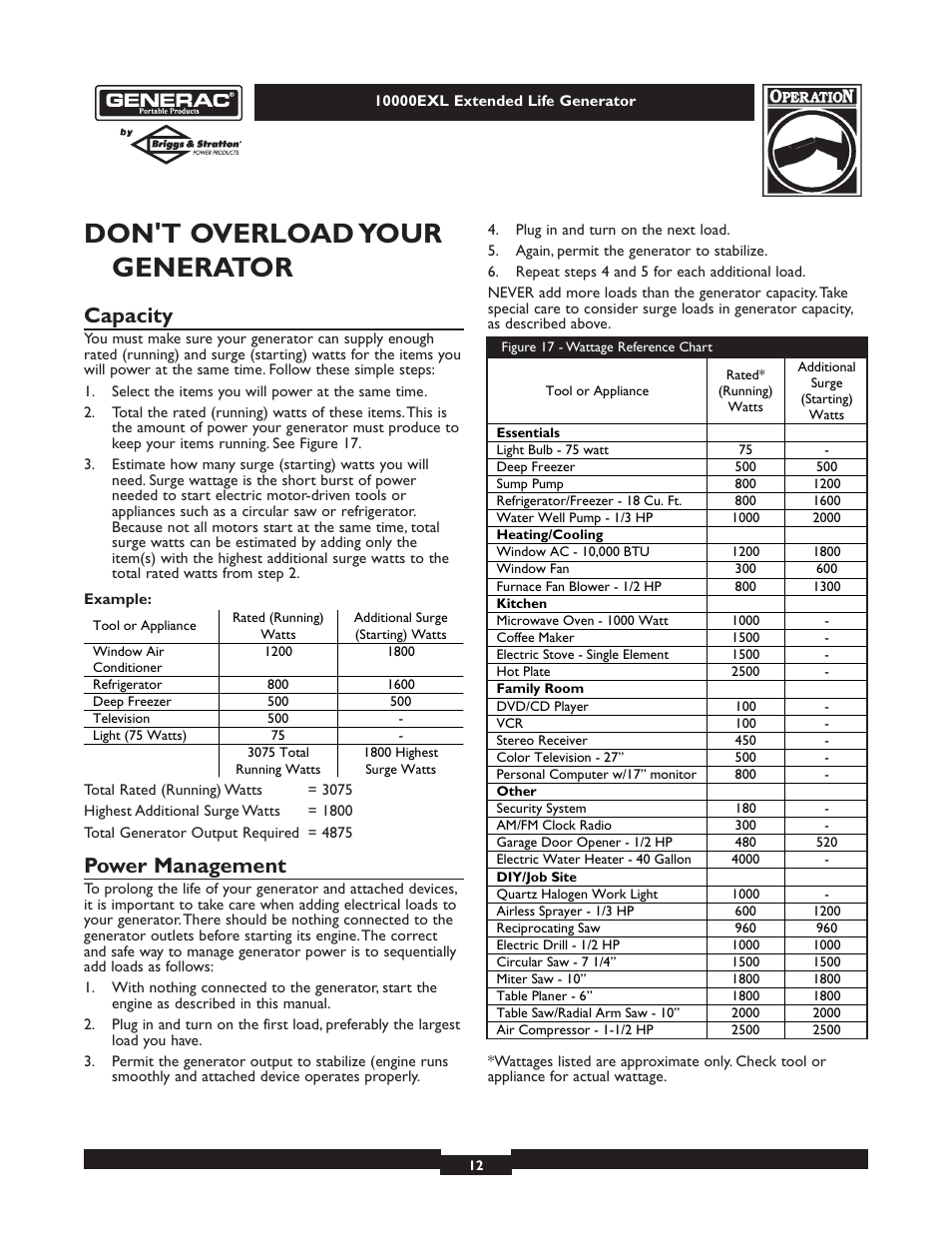 Don't overload your generator, Capacity, Power management | Generac 9801-7 User Manual | Page 12 / 24