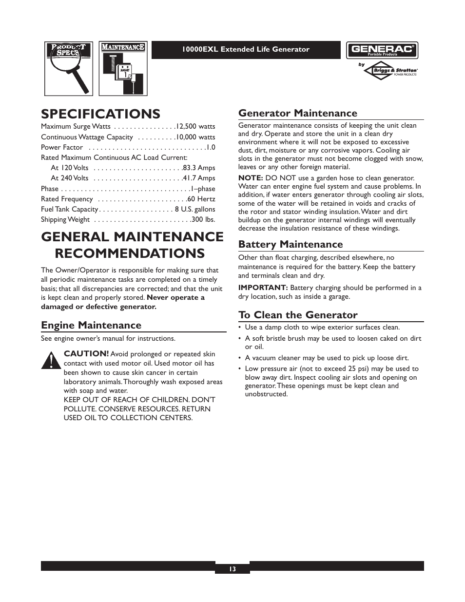 Specifications, General maintenance recommendations, Engine maintenance | Generator maintenance, Battery maintenance | Generac 9801-7 User Manual | Page 13 / 24