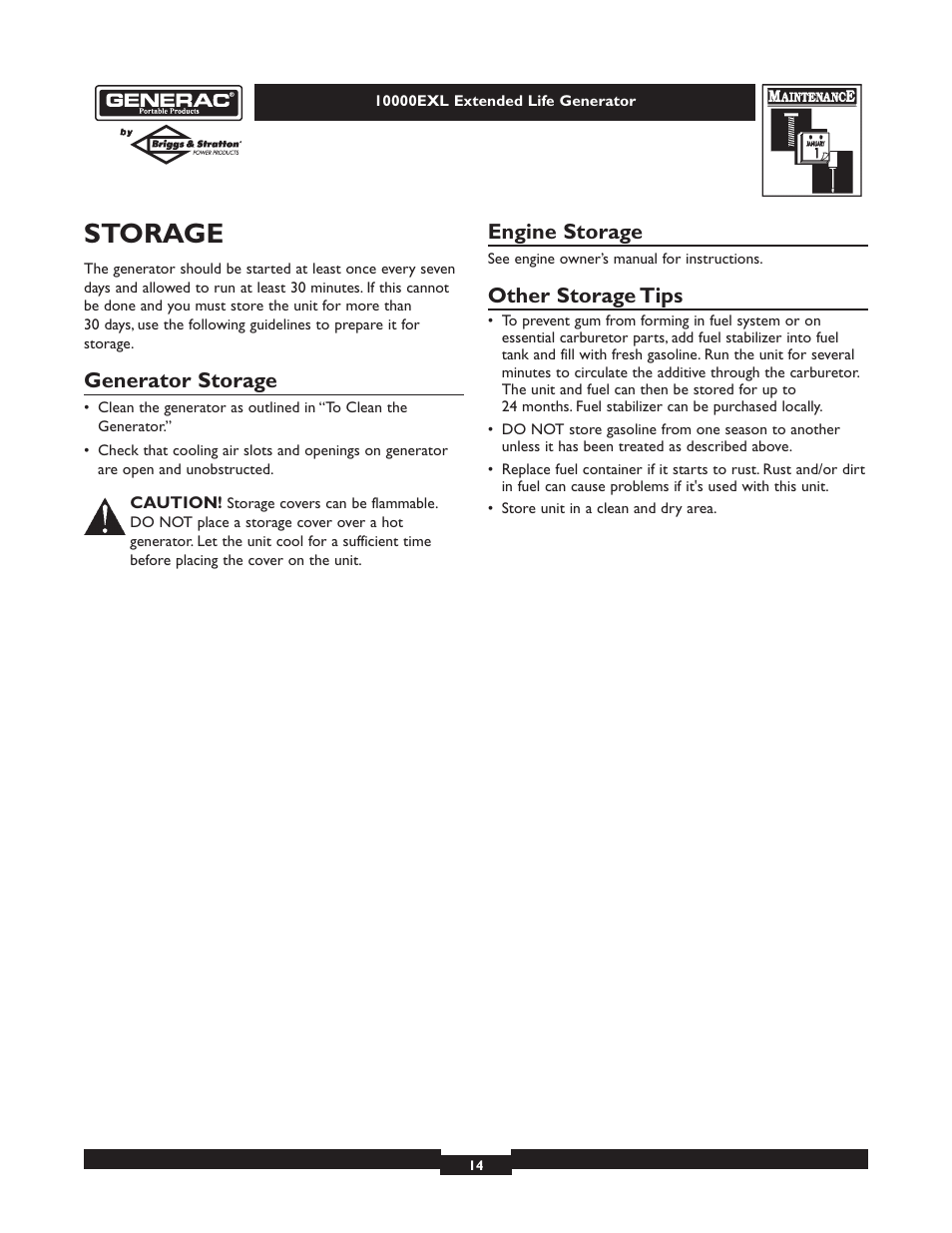 Storage, Generator storage, Engine storage | Other storage tips | Generac 9801-7 User Manual | Page 14 / 24