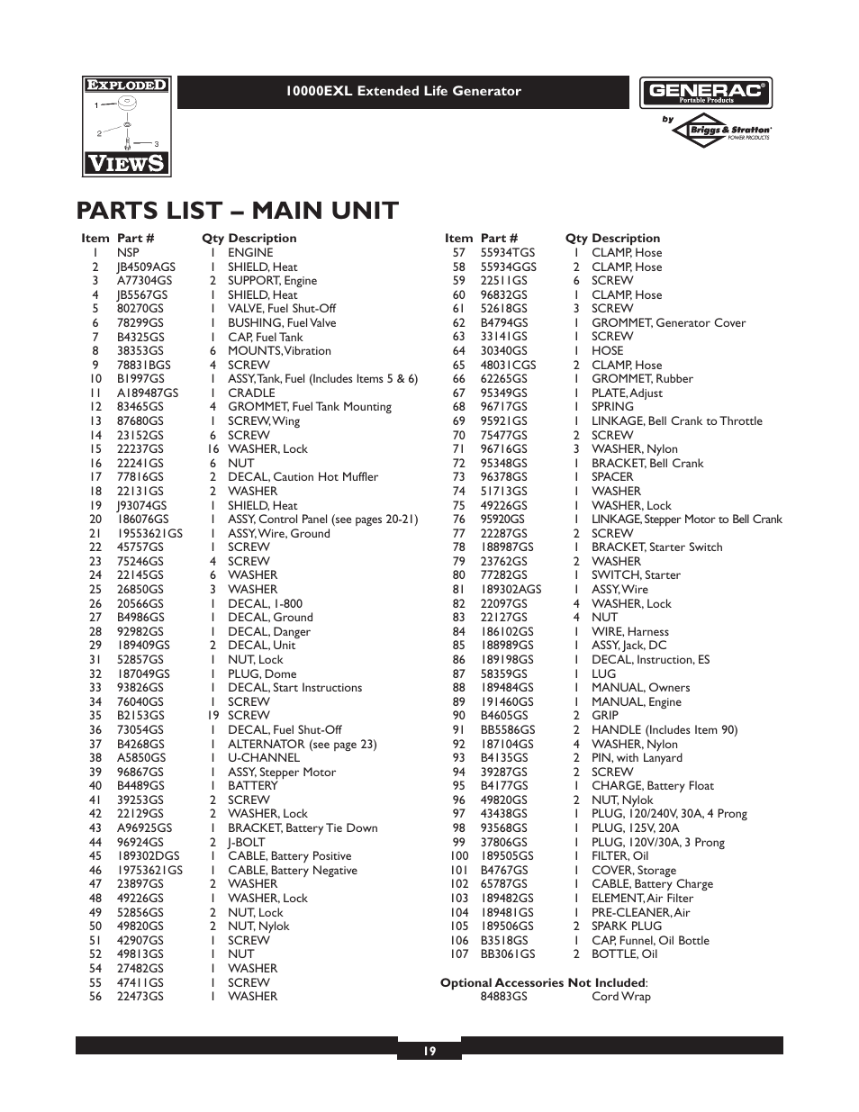 Parts list – main unit | Generac 9801-7 User Manual | Page 19 / 24