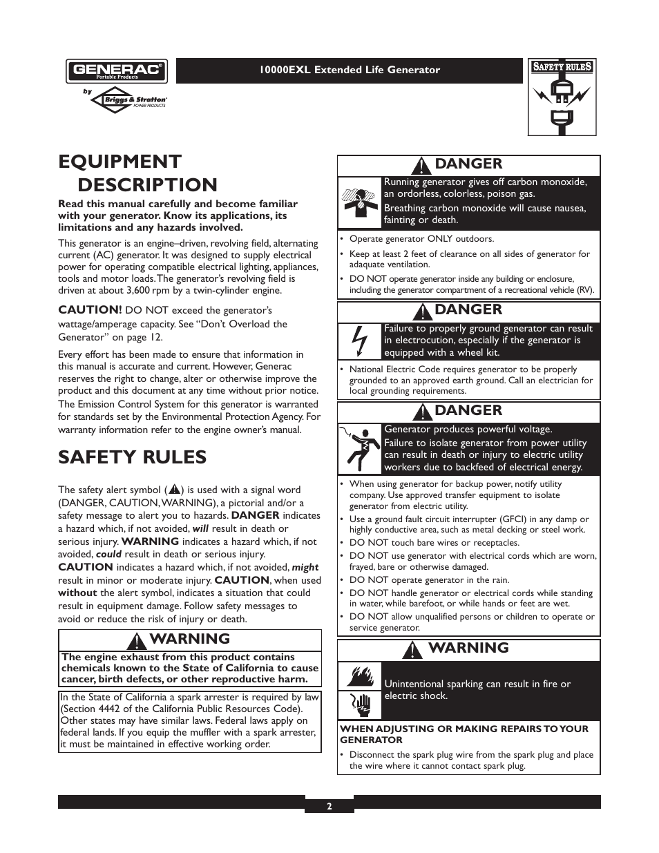 Equipment description, Safety rules, Warning | Danger | Generac 9801-7 User Manual | Page 2 / 24