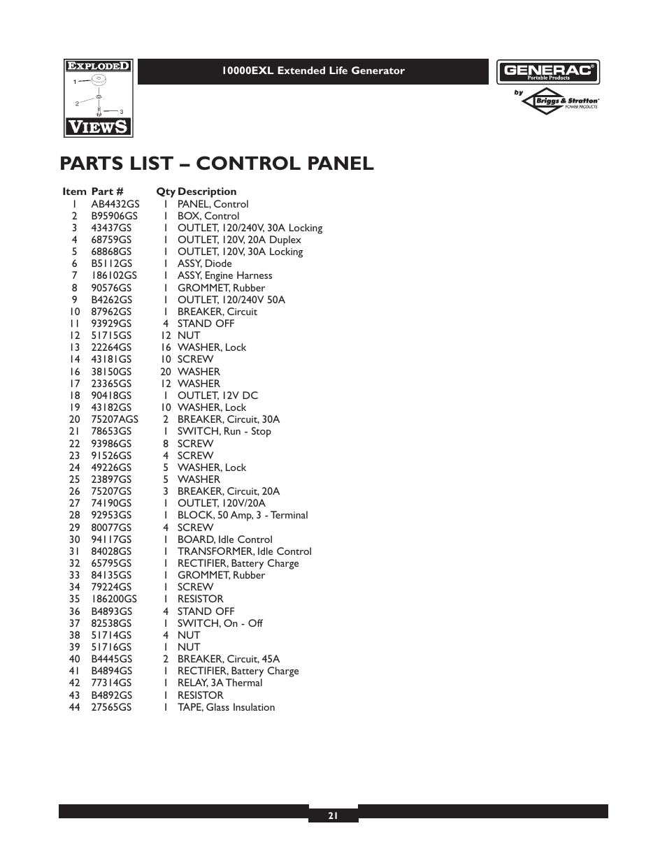 Parts list – control panel | Generac 9801-7 User Manual | Page 21 / 24