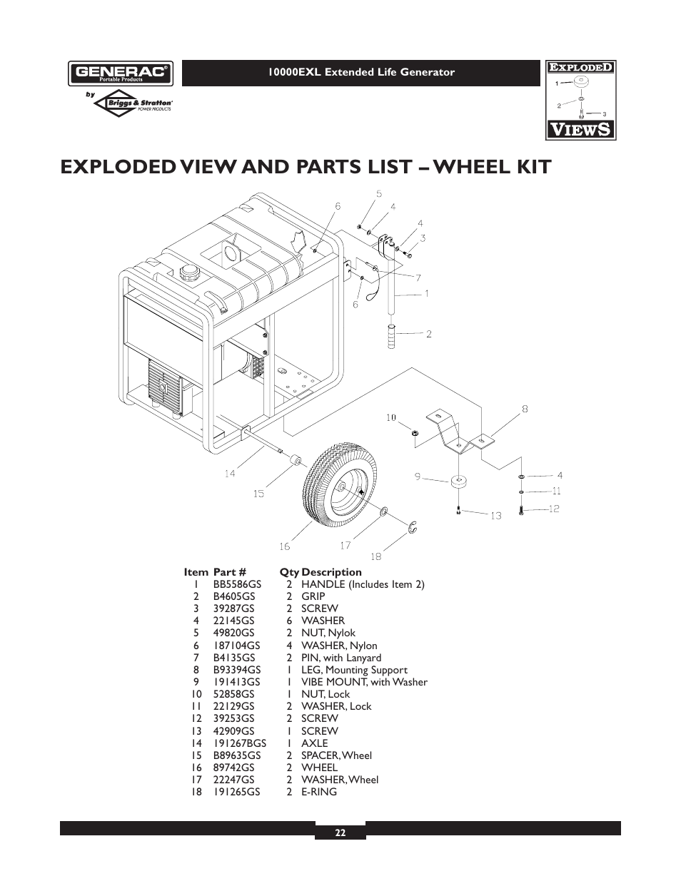 Exploded view and parts list – wheel kit | Generac 9801-7 User Manual | Page 22 / 24