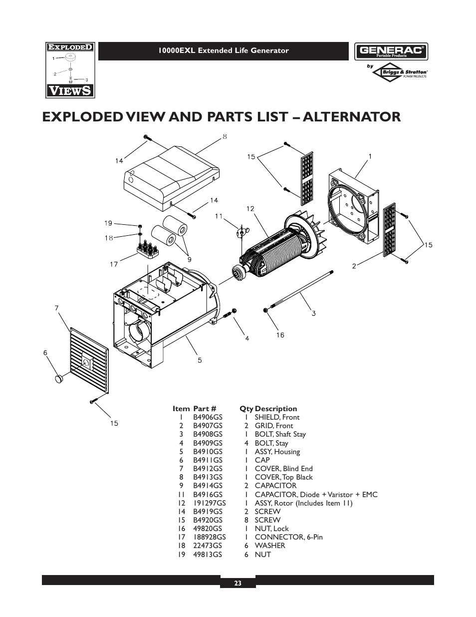 Exploded view and parts list – alternator | Generac 9801-7 User Manual | Page 23 / 24