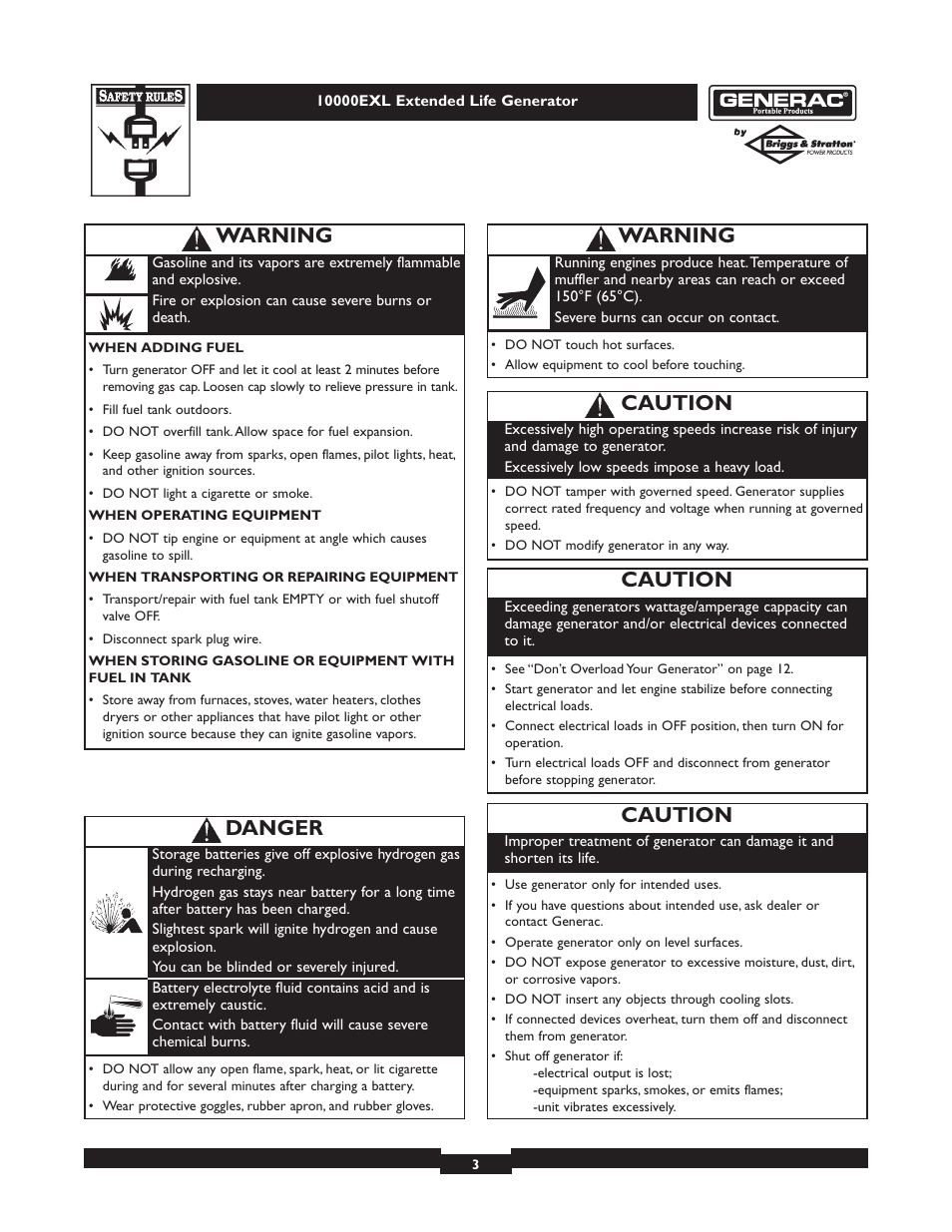 Warning, Danger, Caution | Generac 9801-7 User Manual | Page 3 / 24
