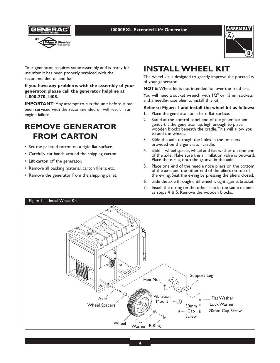 Remove generator from carton, Install wheel kit | Generac 9801-7 User Manual | Page 4 / 24