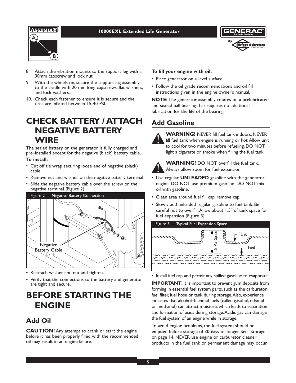 Check battery / attach negative battery wire, Before starting the engine, Add oil | Add gasoline | Generac 9801-7 User Manual | Page 5 / 24