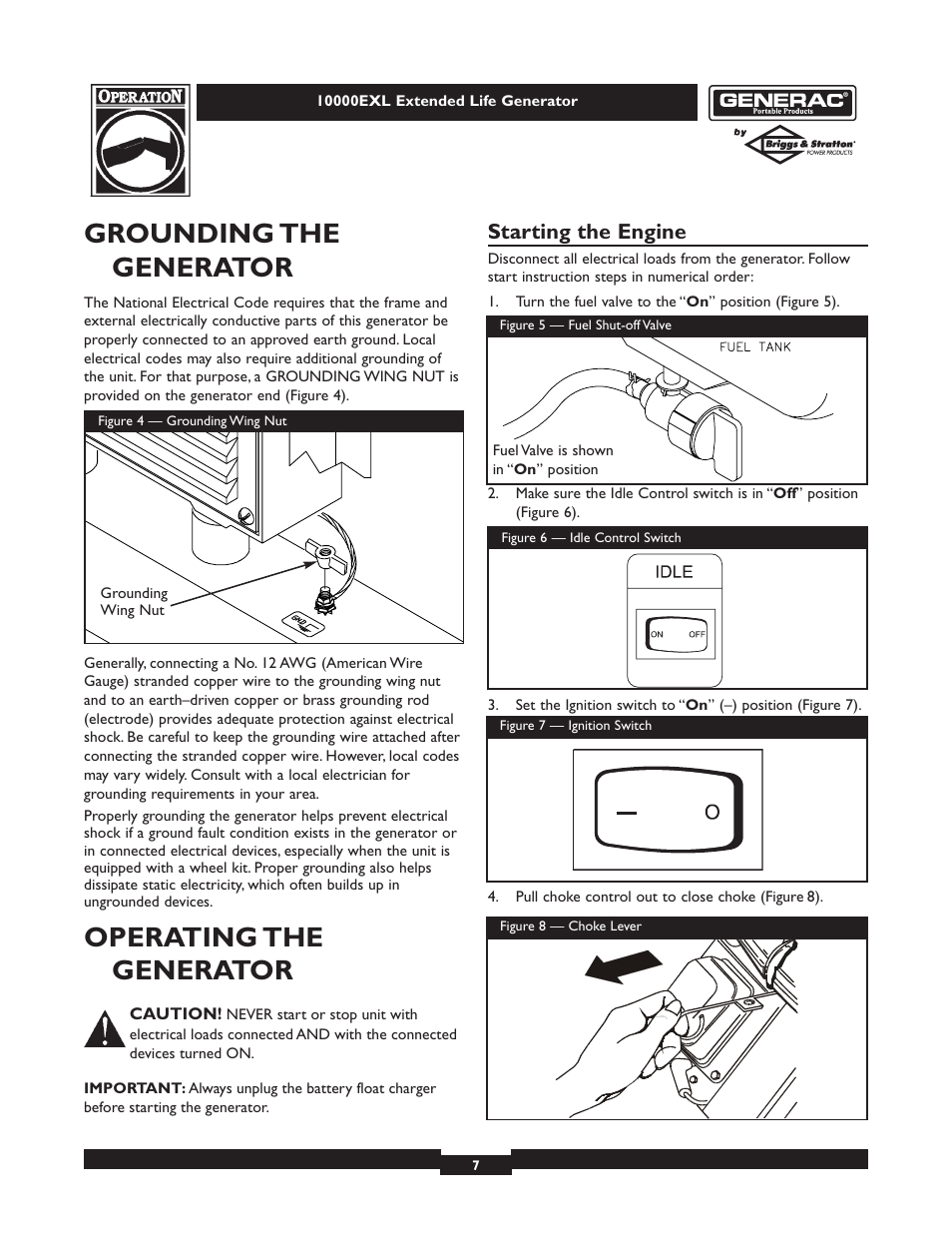 Grounding the generator, Operating the generator, Starting the engine | Generac 9801-7 User Manual | Page 7 / 24
