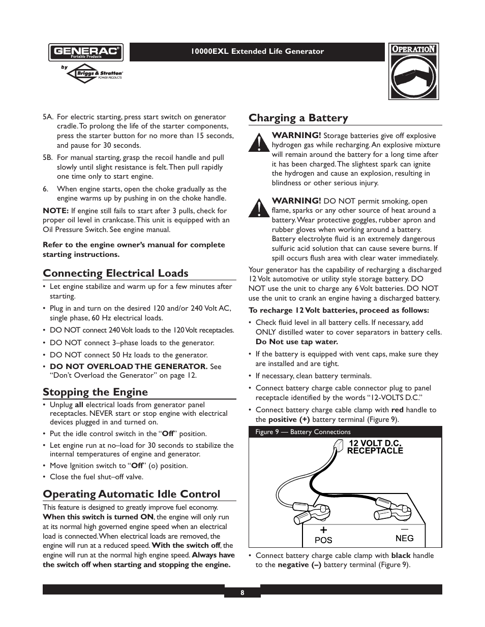 Connecting electrical loads, Stopping the engine, Operating automatic idle control | Charging a battery | Generac 9801-7 User Manual | Page 8 / 24