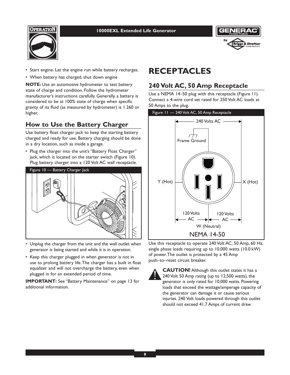 Receptacles, How to use the battery charger, Nema 14-50 | Generac 9801-7 User Manual | Page 9 / 24