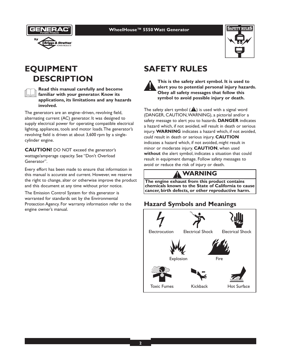 Equipment description, Safety rules, Hazard symbols and meanings | Warning | Generac WHEELHOUSE 1646-3 User Manual | Page 2 / 16