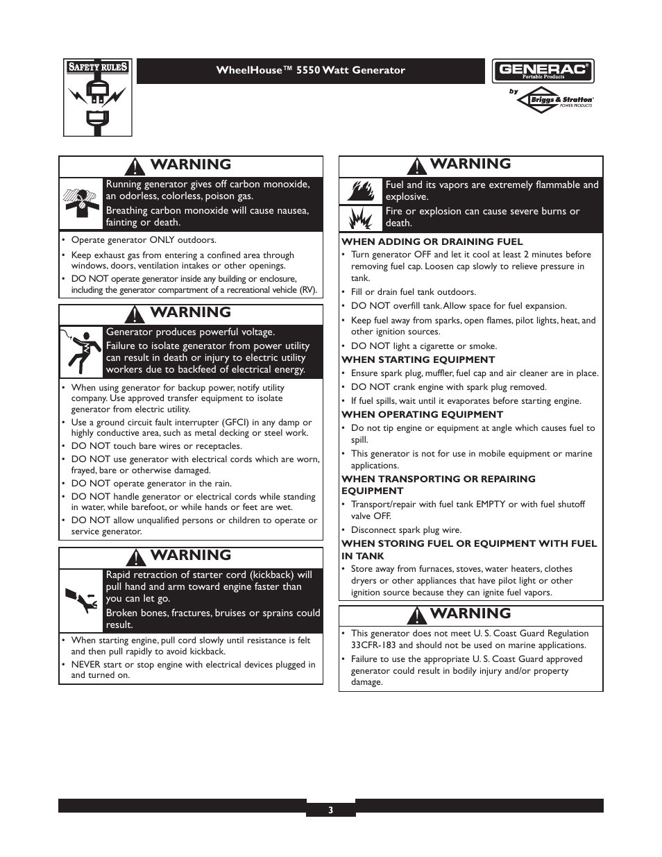 Warning | Generac WHEELHOUSE 1646-3 User Manual | Page 3 / 16