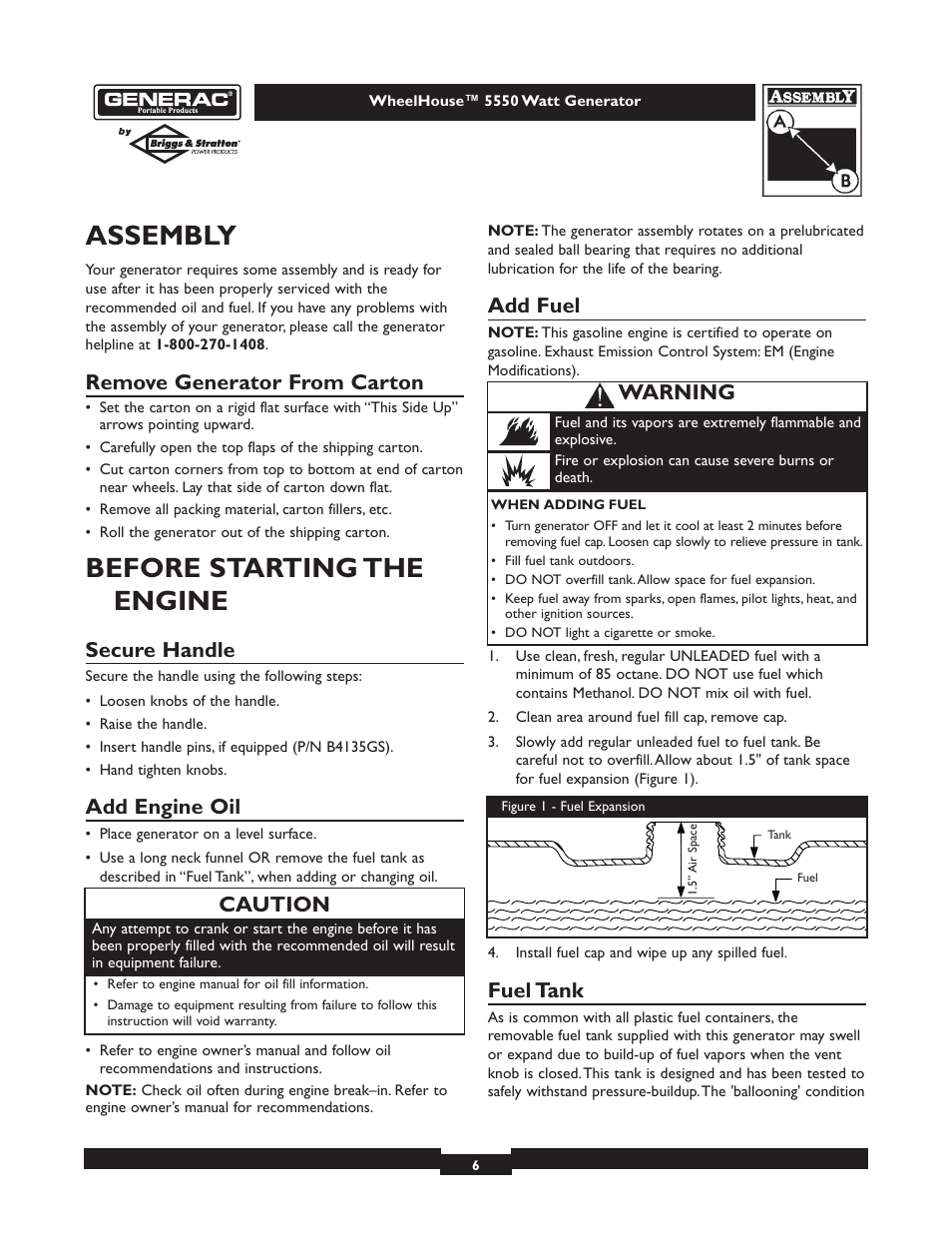 Assembly, Before starting the engine, Remove generator from carton | Secure handle, Add engine oil, Add fuel, Fuel tank, Caution, Warning | Generac WHEELHOUSE 1646-3 User Manual | Page 6 / 16