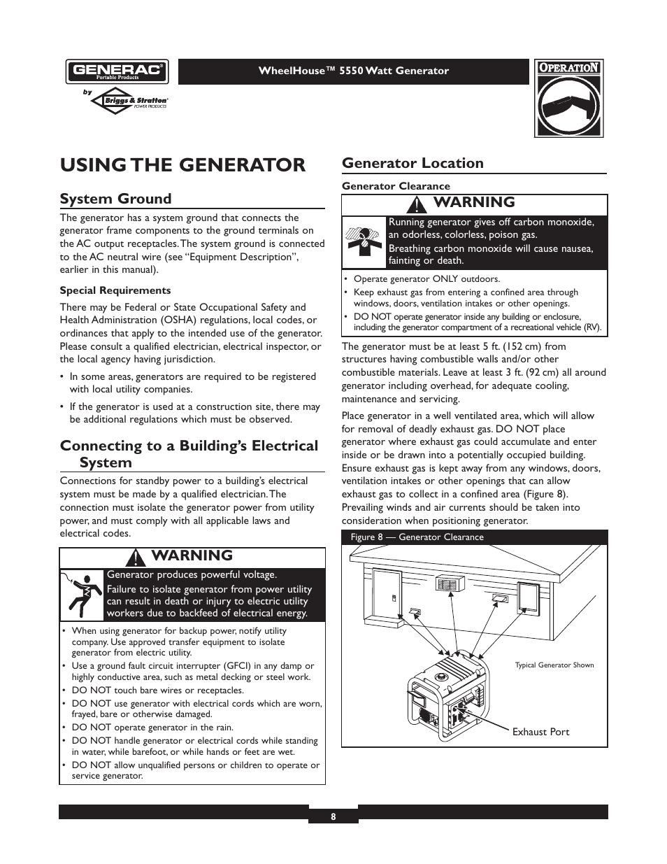 Using the generator, System ground, Connecting to a building’s electrical system | Generator location, Warning | Generac WHEELHOUSE 1646-3 User Manual | Page 8 / 16