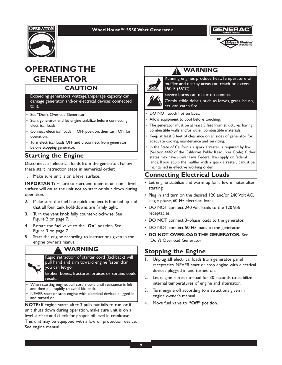 Operating the generator, Starting the engine, Connecting electrical loads | Stopping the engine, Caution, Warning | Generac WHEELHOUSE 1646-3 User Manual | Page 9 / 16