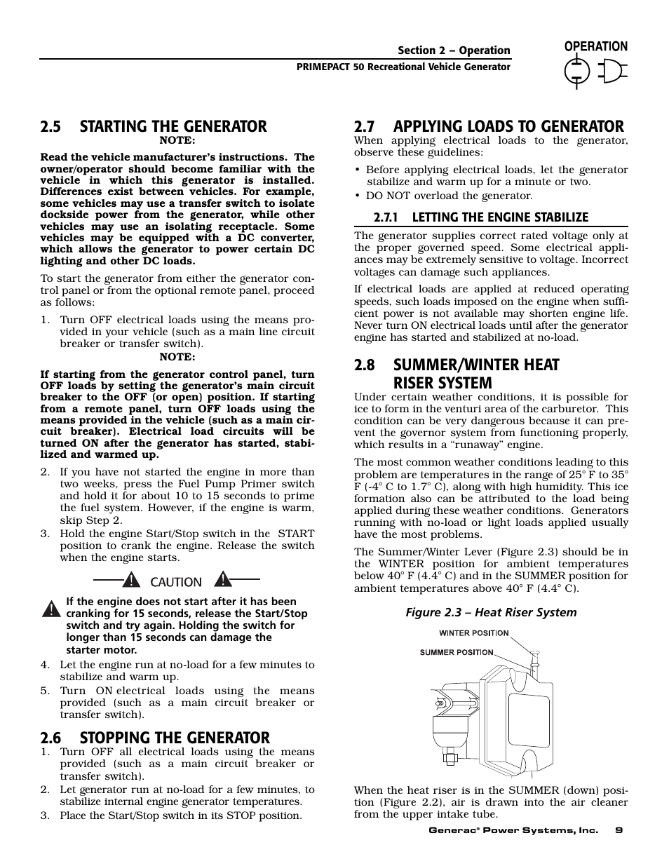 5 starting the generator, 6 stopping the generator, 7 applying loads to generator | 8 summer/winter heat riser system | Generac 02010-2 User Manual | Page 11 / 60