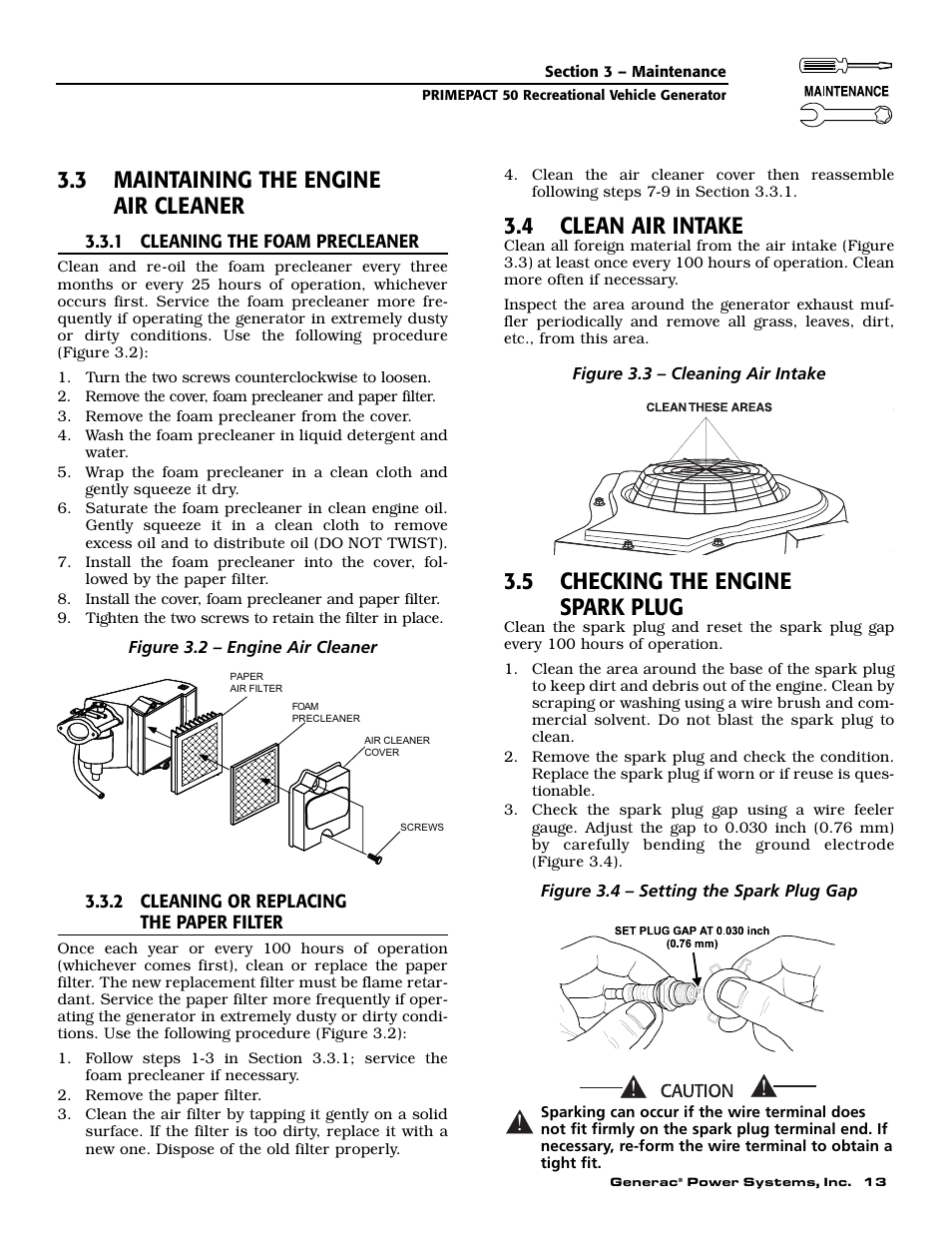 3 maintaining the engine air cleaner, 4 clean air intake, 5 checking the engine spark plug | Generac 02010-2 User Manual | Page 15 / 60