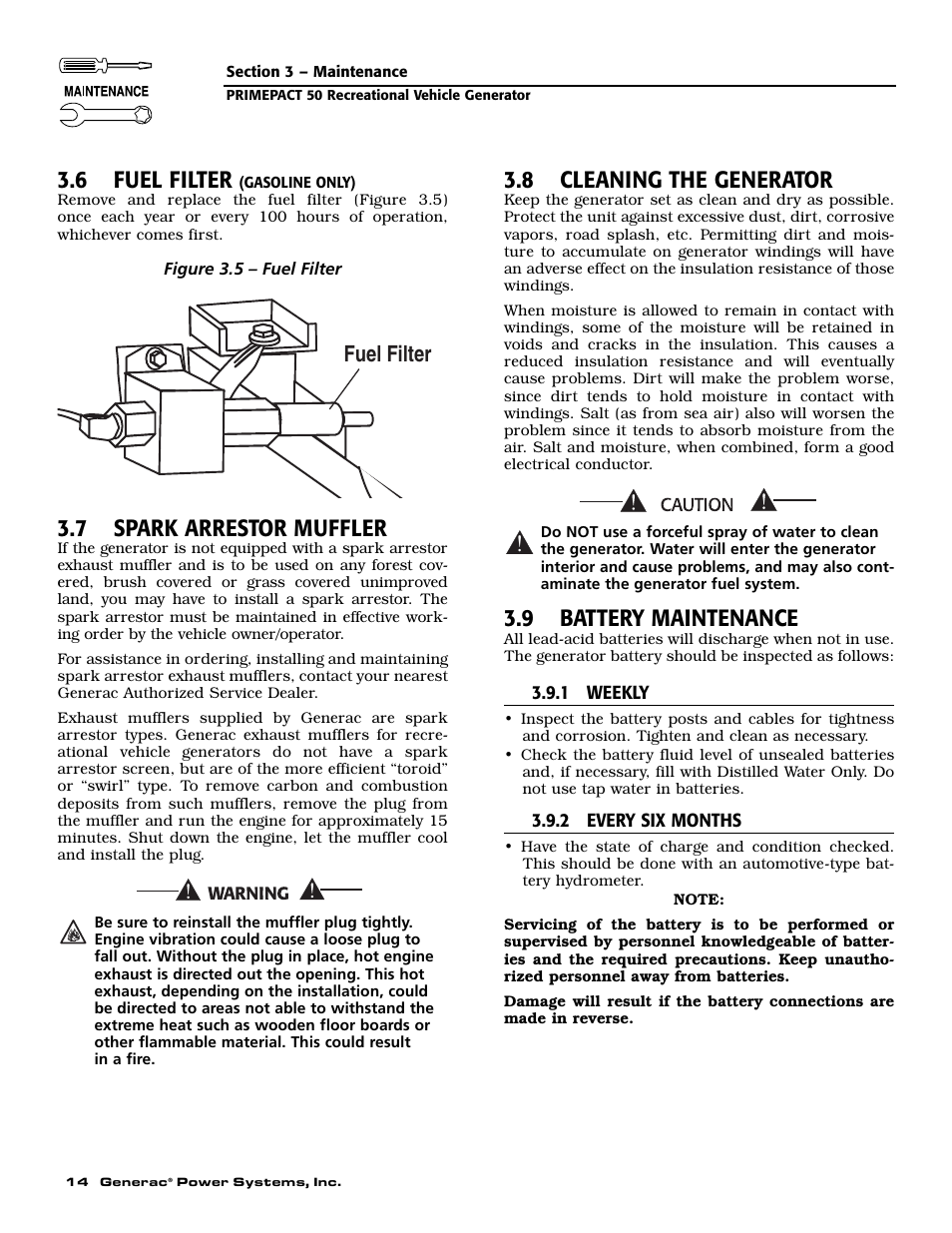 6 fuel filter, 7 spark arrestor muffler, 8 cleaning the generator | 9 battery maintenance, Fuel filter | Generac 02010-2 User Manual | Page 16 / 60