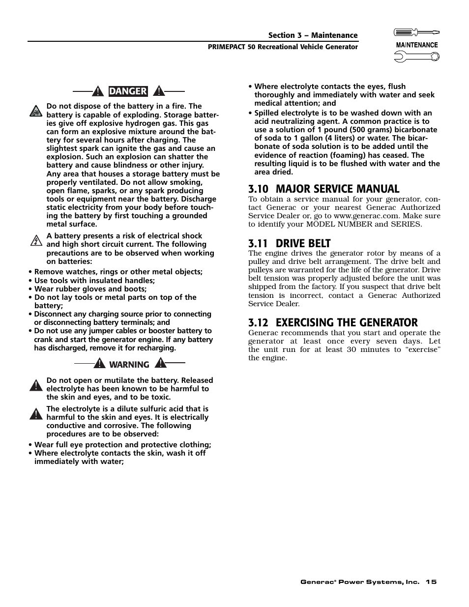 10 major service manual, 11 drive belt, 12 exercising the generator | Generac 02010-2 User Manual | Page 17 / 60