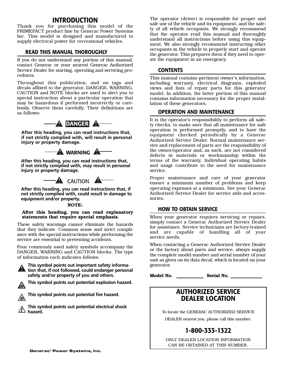 Introduction, Authorized service dealer location | Generac 02010-2 User Manual | Page 2 / 60