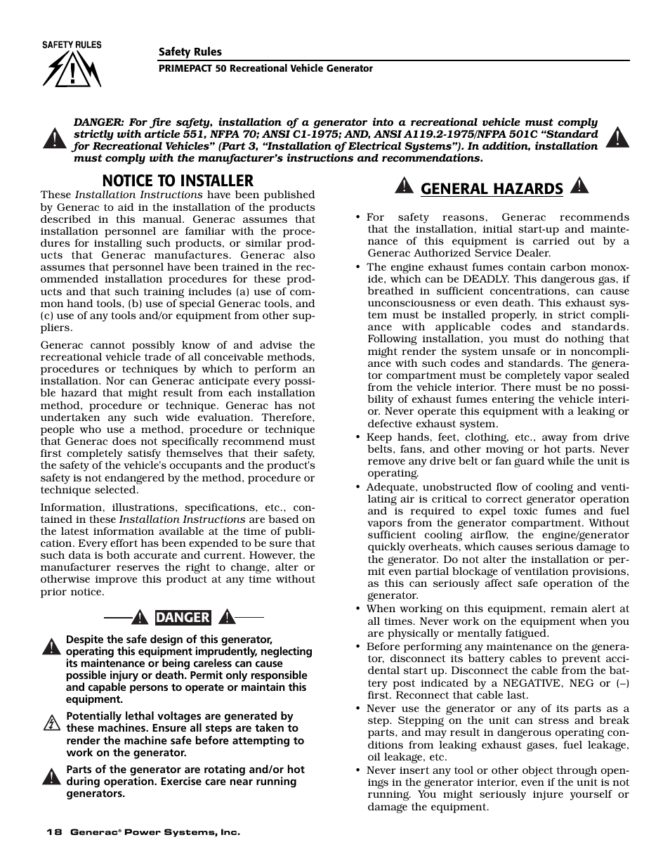 Notice to installer, General hazards | Generac 02010-2 User Manual | Page 20 / 60