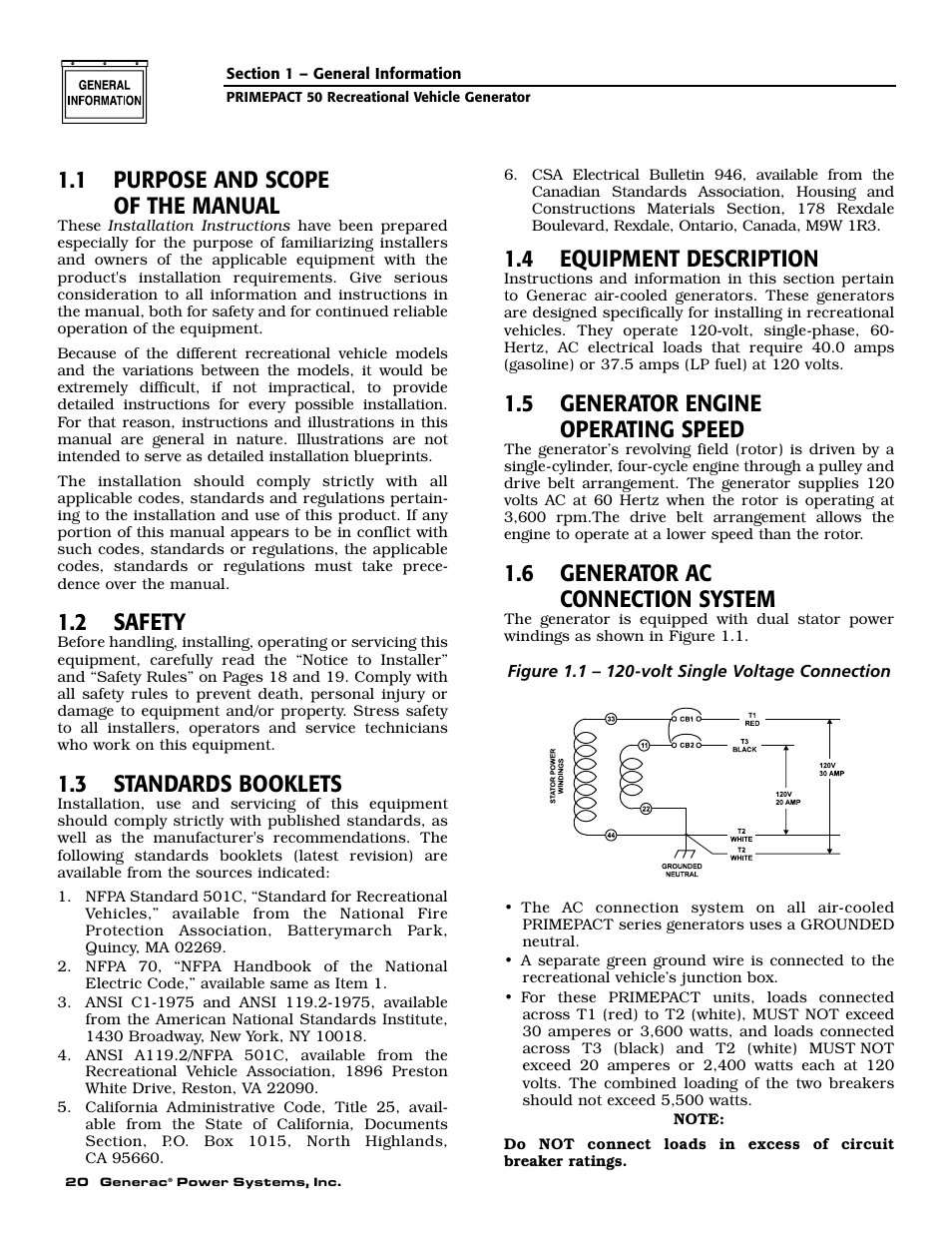 1 purpose and scope of the manual, 2 safety, 3 standards booklets | 4 equipment description, 5 generator engine operating speed, 6 generator ac connection system | Generac 02010-2 User Manual | Page 22 / 60