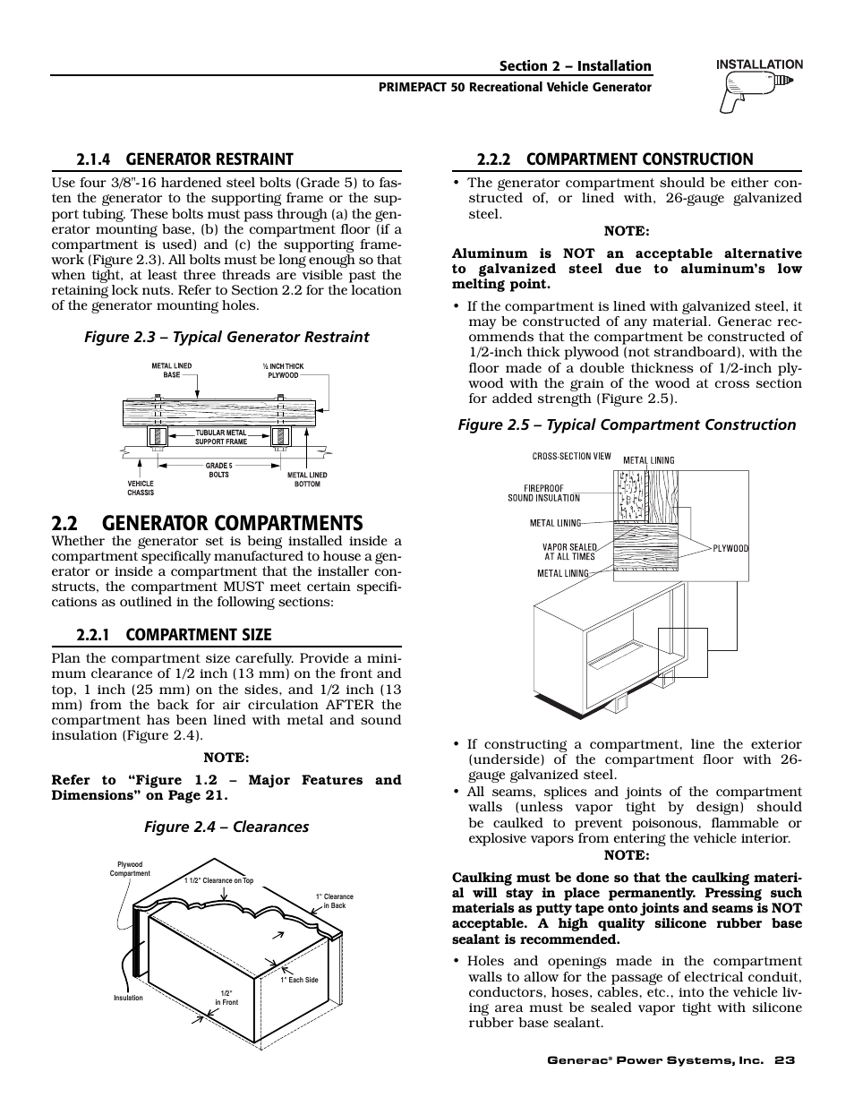 2 generator compartments, 4 generator restraint, 1 compartment size | 2 compartment construction | Generac 02010-2 User Manual | Page 25 / 60