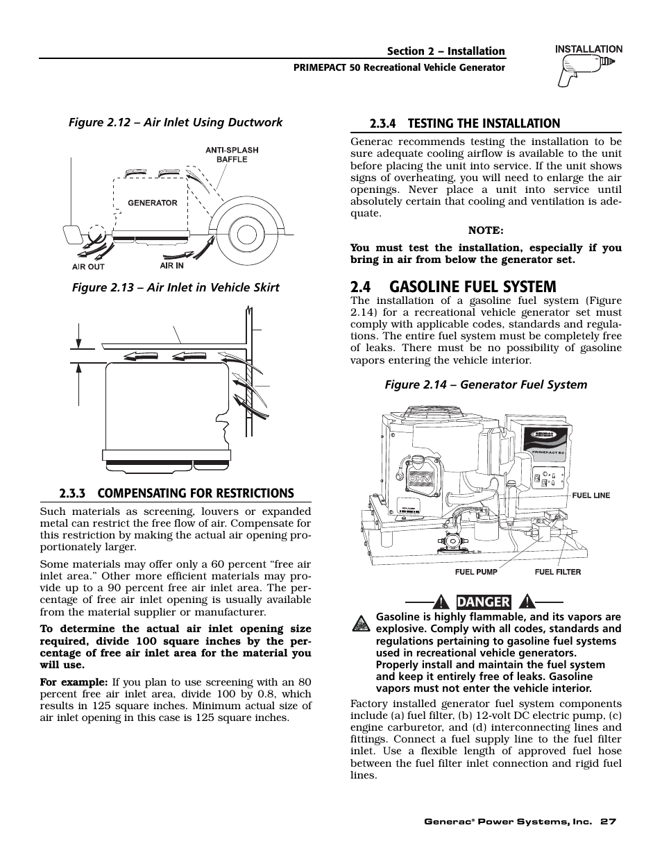 4 gasoline fuel system, Danger | Generac 02010-2 User Manual | Page 29 / 60