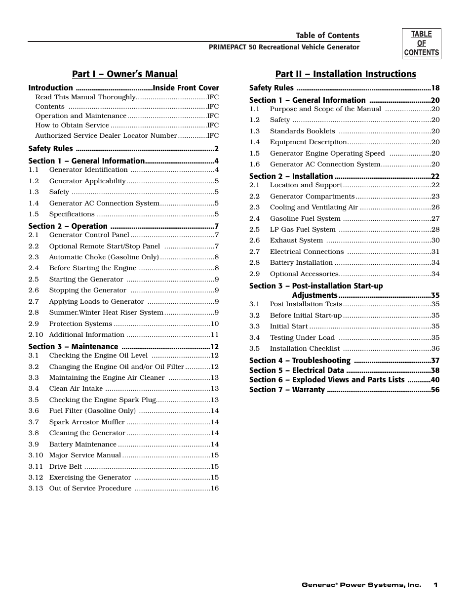 Part i – owner’s manual, Part ii – installation instructions | Generac 02010-2 User Manual | Page 3 / 60