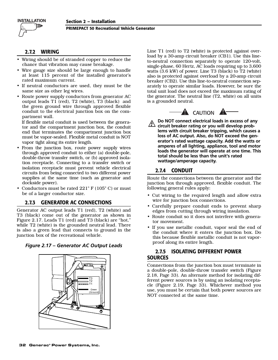 2 wiring, 3 generator ac connections, 4 conduit | 5 isolating different power sources | Generac 02010-2 User Manual | Page 34 / 60