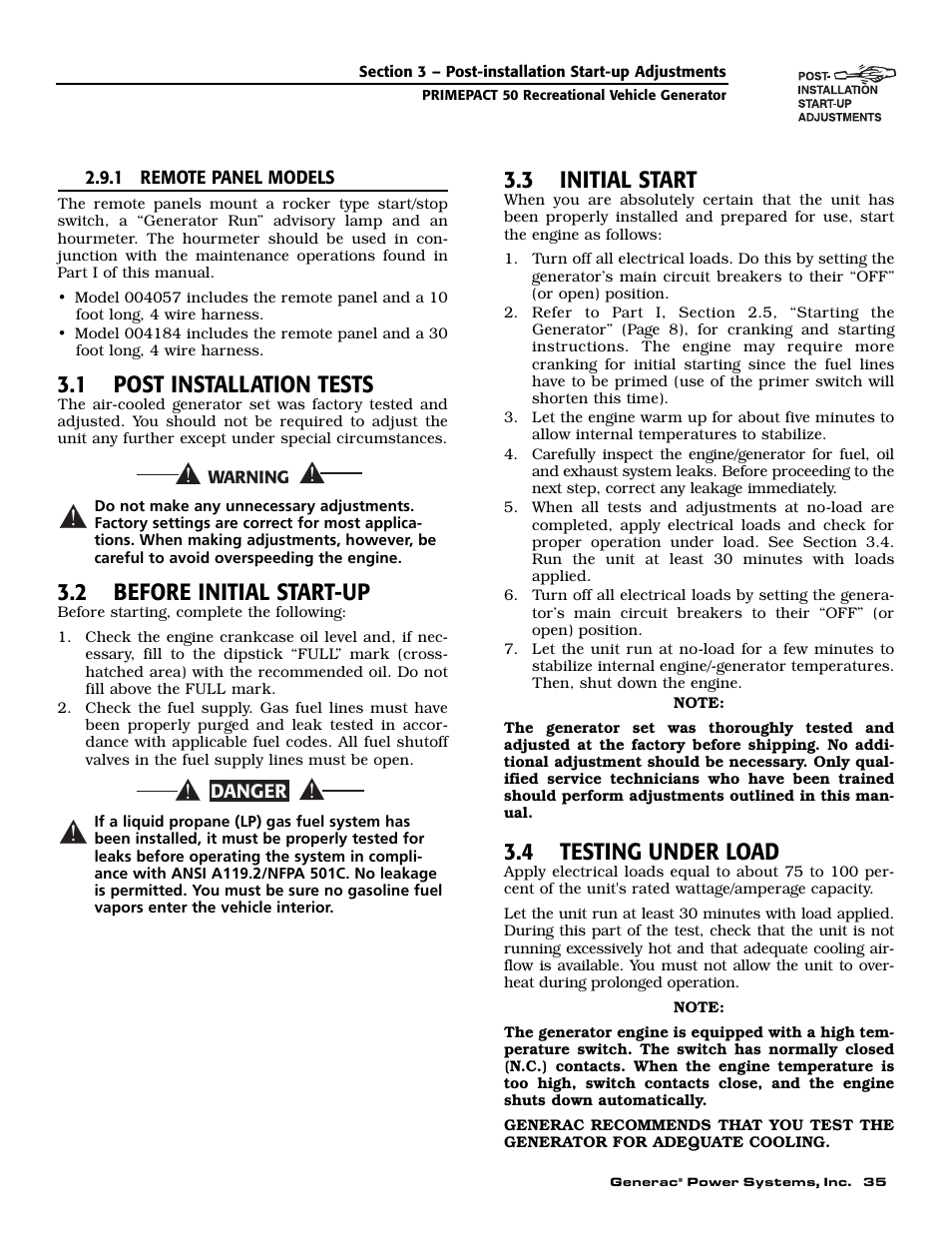 1 post installation tests, 2 before initial start-up, 3 initial start | 4 testing under load | Generac 02010-2 User Manual | Page 37 / 60