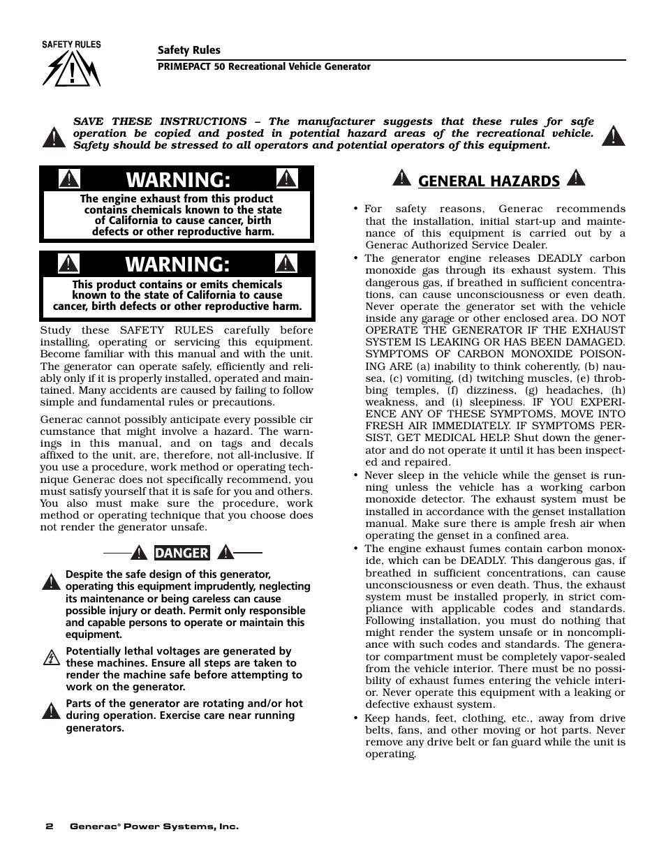 Warning | Generac 02010-2 User Manual | Page 4 / 60