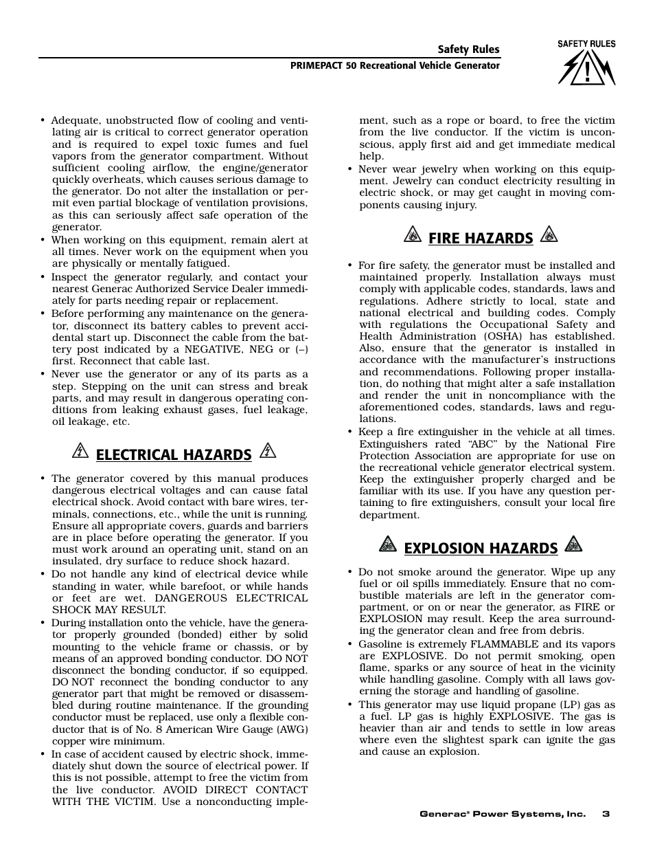 Electrical hazards, Fire hazards, Explosion hazards | Generac 02010-2 User Manual | Page 5 / 60