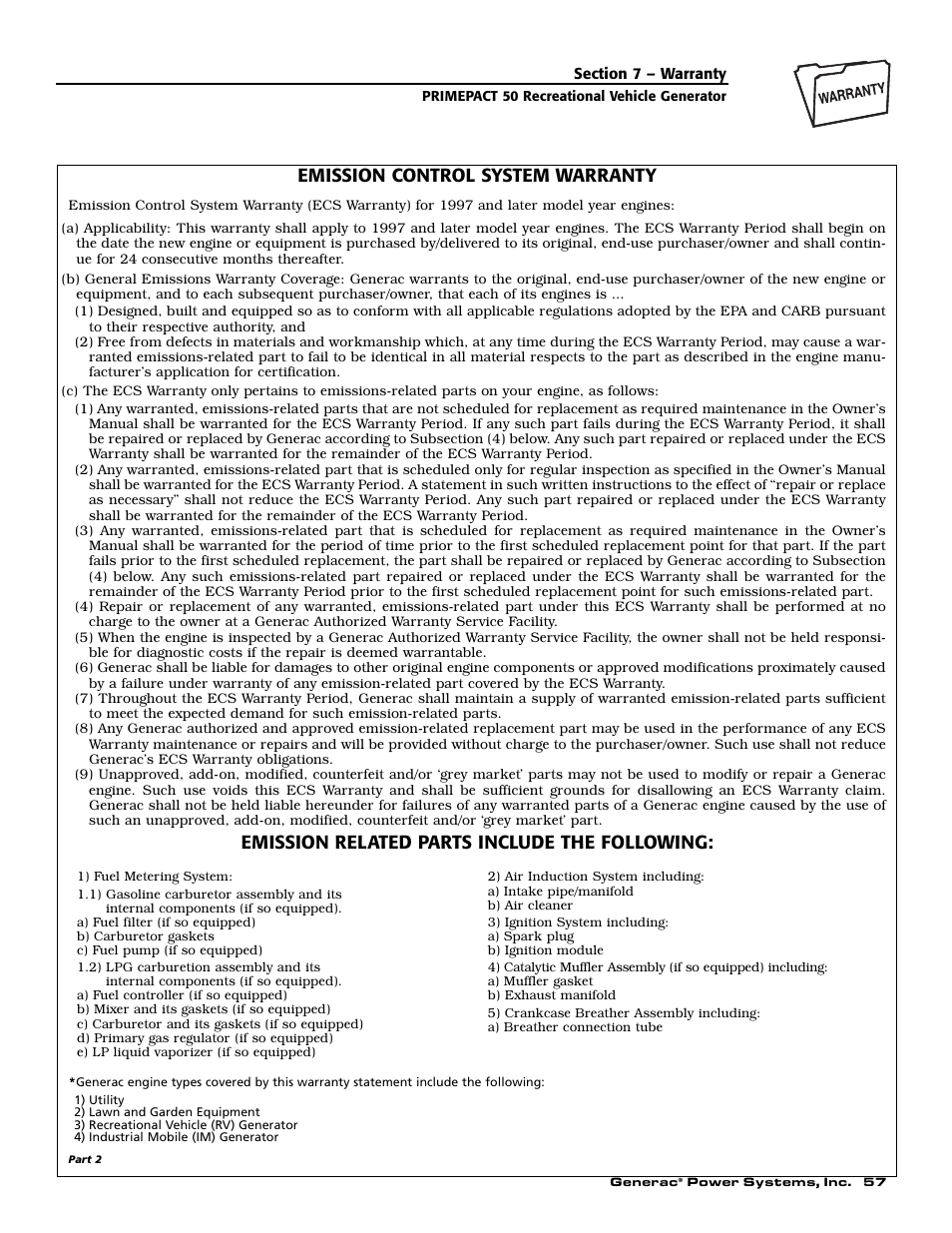 Emission control system warranty, Emission related parts include the following | Generac 02010-2 User Manual | Page 59 / 60