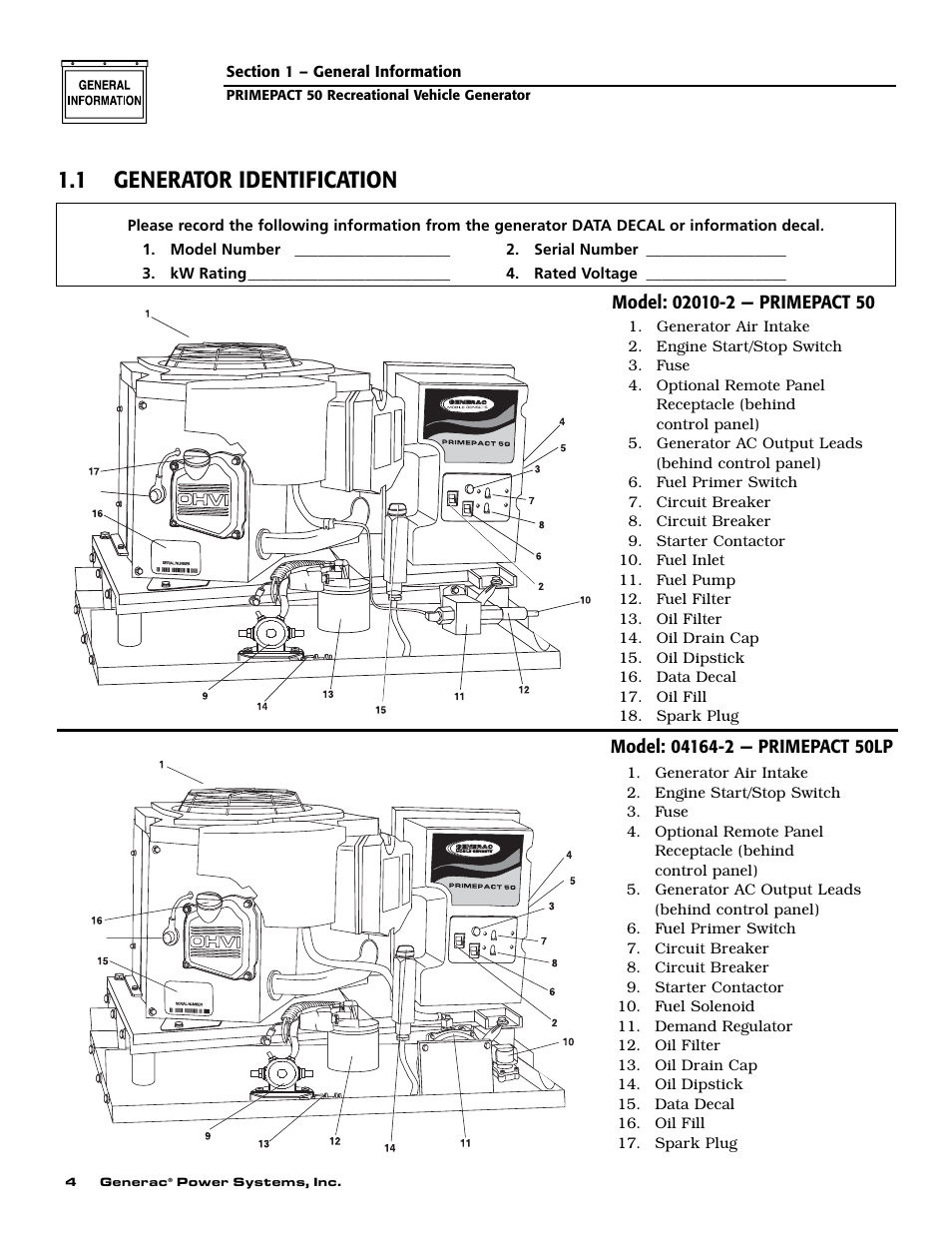 1 generator identification | Generac 02010-2 User Manual | Page 6 / 60