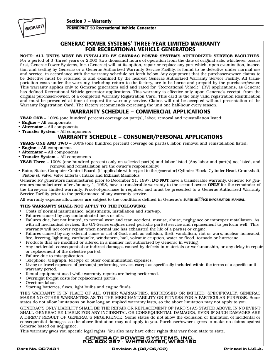 Warranty schedule – commercial applications, Warranty schedule – consumer/personal applications | Generac 02010-2 User Manual | Page 60 / 60