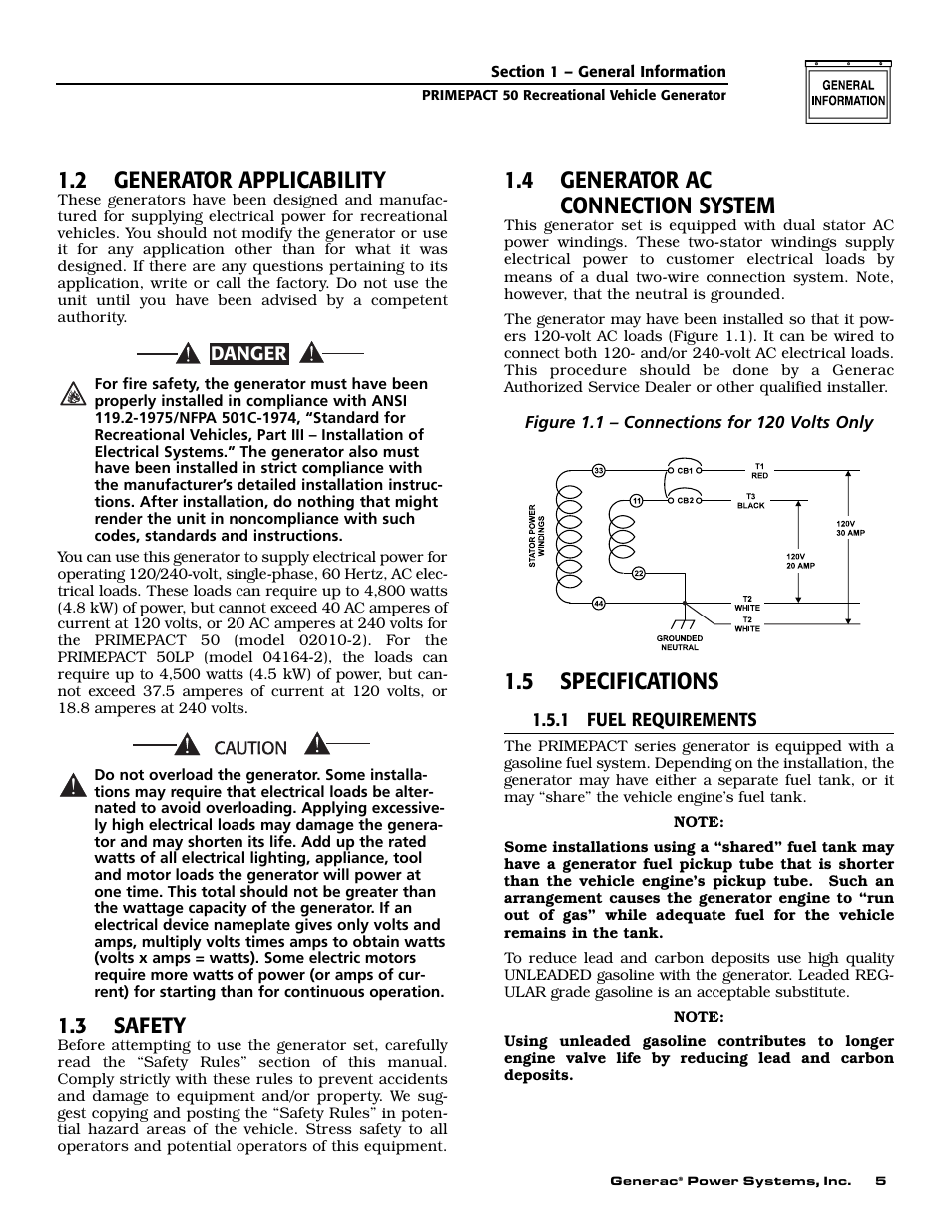 2 generator applicability, 3 safety, 4 generator ac connection system | 5 specifications | Generac 02010-2 User Manual | Page 7 / 60