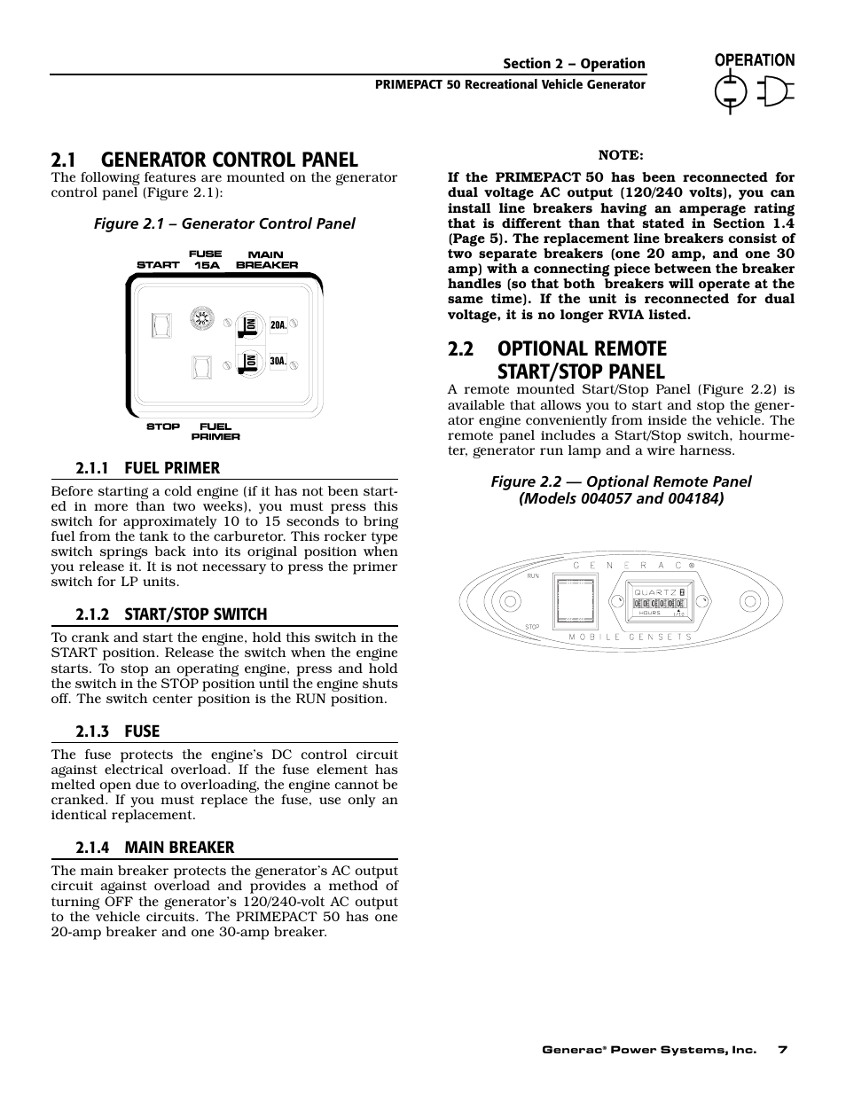 1 generator control panel, 2 optional remote start/stop panel | Generac 02010-2 User Manual | Page 9 / 60