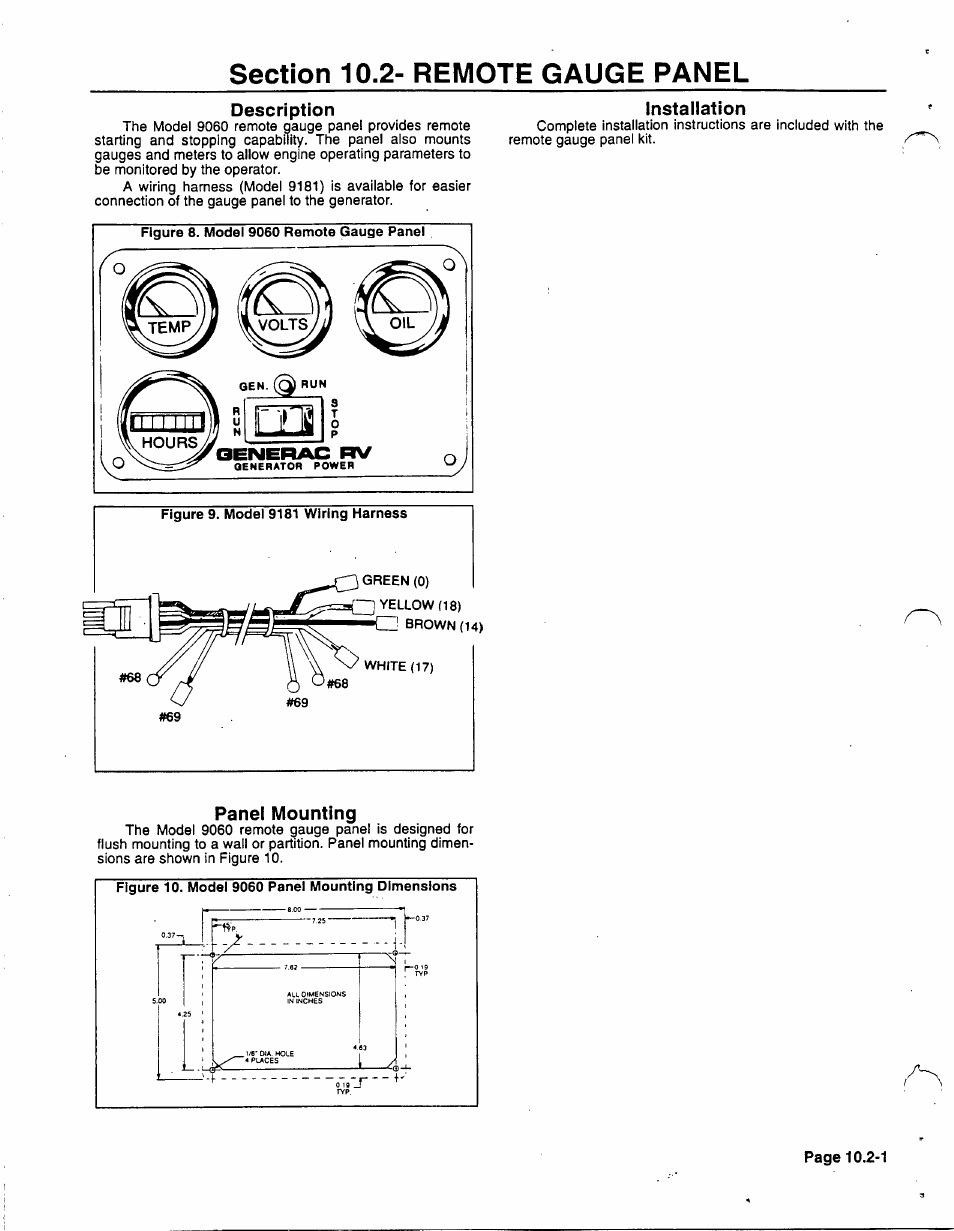 Section 10.2- remote gauge panel, Description, Instailation | Panel mounting | Generac 86640 User Manual | Page 103 / 120