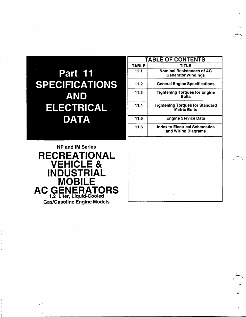 Np and im series, 2 liter, liquid-cooled gas/gasoline engine models, Part 11 specifications and electrical data | Generac 86640 User Manual | Page 104 / 120