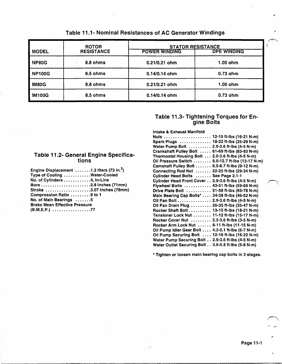 Table 11.2- general engine specifications, Table 11.3- tightening torques for engine bolts | Generac 86640 User Manual | Page 105 / 120