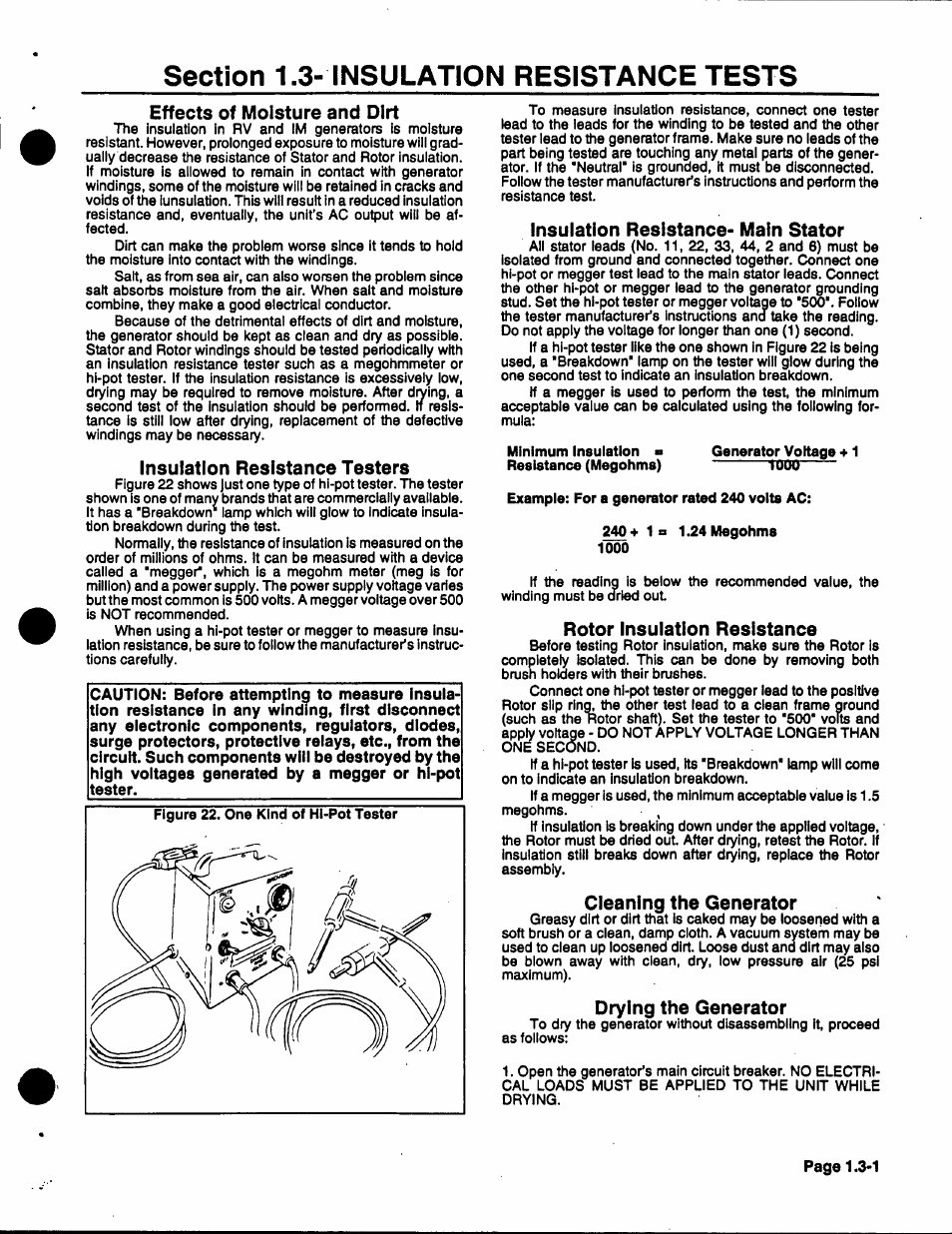 Section 1.3- insulation resistance tests, Effects of moisture and dirt, Insulation resistance testers | Insulation resistance- main stator, Rotor insuiation resistance, Cleaning the generator, Drying the generator | Generac 86640 User Manual | Page 14 / 120