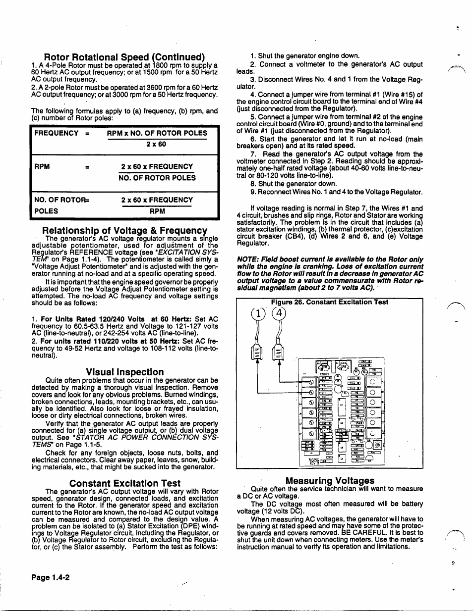 Rotor rotational speed (continued), Relationship of voltage & frequency, Visuai inspection | Constant excitation test | Generac 86640 User Manual | Page 17 / 120